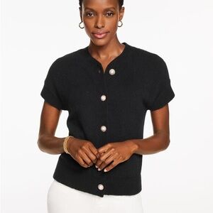 NWT TALBOTS Black Drop Shoulder Short Sleeve Cardigan Sweater Gold Buttons XS